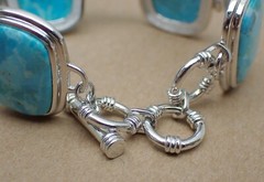 JTV Turquoise Link Bracelet Cushion Oval & Round Stones Sterling Silver 8-1/2″
