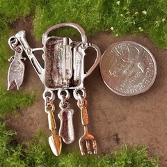 Gardening Charm Brooch Silver Tone Vintage Gardener Tools Watering Can Pin