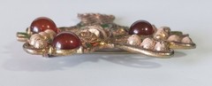 Vintage Gold-tone Flower Basket Brooch w Pink-Peach & Green Enamel, Orange Cabs