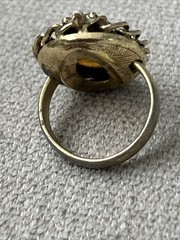 Whiting And Davis Amber Cameo Ring Signed Gold Chain Boarder Vintage 6.5-7