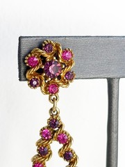 Vintage ART Clip-on Dangle Triangle Earrings, Pink & Purple Stones, 3.5-inches