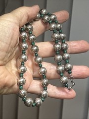 27. Vintage 925 Sterling Silver Ball Green Malachite Beaded Necklace 18″, 41.4g