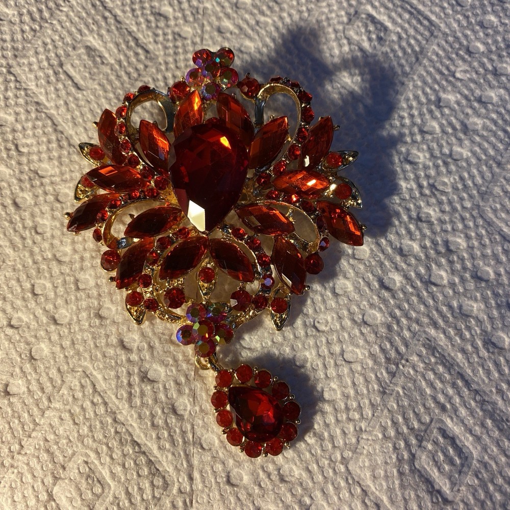 Large Contemporary Goldtone Red & AB Rhinestone Dangle Brooch