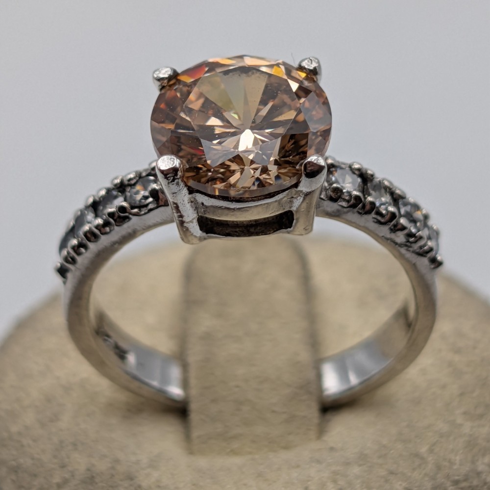 Vintage 925 Sterling Silver Champagne CZ Solitaire Engagement Ring Size 6.5