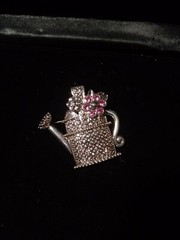 Vintage AAI Silver Watering Can Brooch with Pink Rhinestone Flower 1.5 inch