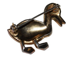 Vintage 50s Green Eye White and Green Rhinestone Duck Gold Tone Brooch