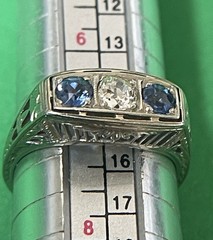 18k White Gold Art Deco Natural European Cut Diamond & Sapphire Ring