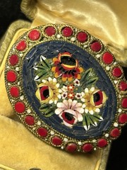 Vintage Gold Tone Micro Mosiac Floral Brooch Made in Italy Red Yellow Blue