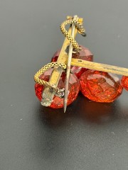 Vintage Czech Bohemian Amber Red Crackle Glass Bead Brooch Trombone Clasp Pin
