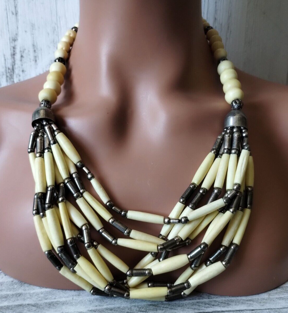 Vintage Handmade Native Bone Wood Silver Beaded 9 Strand Statement Necklace