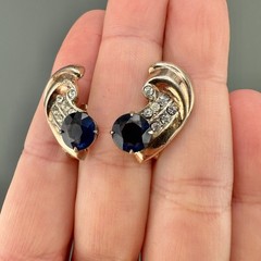 Vintage Sterling Rhinestone Earrings Blue Faux Sapphire Screw Back Mid Century