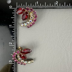 Vintage Clip Earrings Red Pink AB Rhinestone Gold Tone