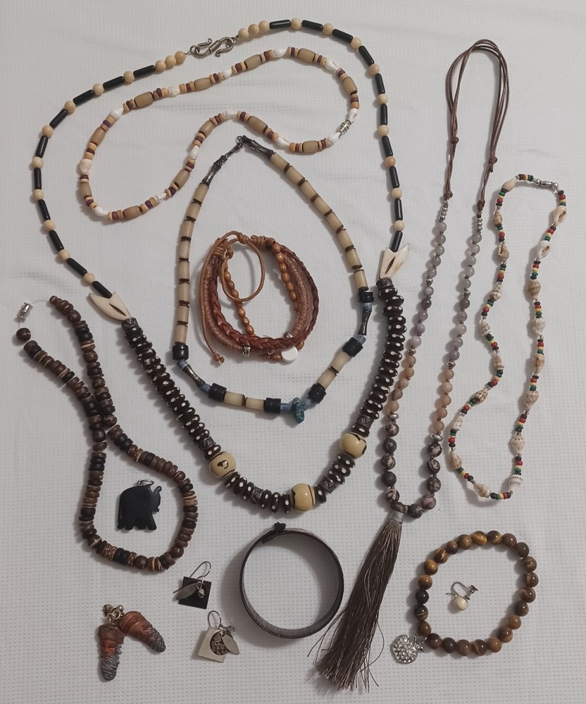 COOL Lot Of Vintage Tribal Jewelry Bone Beads Wood Shells Gemstones Leather Etc