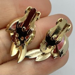 Vtg Midcentury Pink Marquise Rhinestone Yellow Enamel Climber Earrings Clip Claw