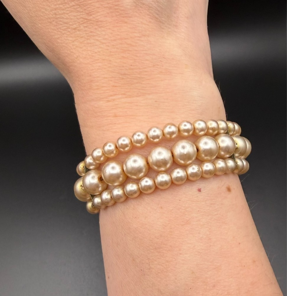 Vintage Multi Strand Faux Pearl Coil Bracelet Champagne Cream Unsigned MCM