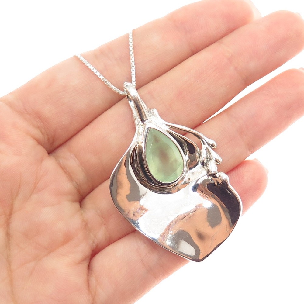 HAGIT GORALI 925 Sterling Silver Vintage Real Prehnite Modernist Necklace 20″