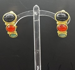 Egyptian Style Carved Scarab Weingeroff Glass/stone Half Hoop Drop Earrings