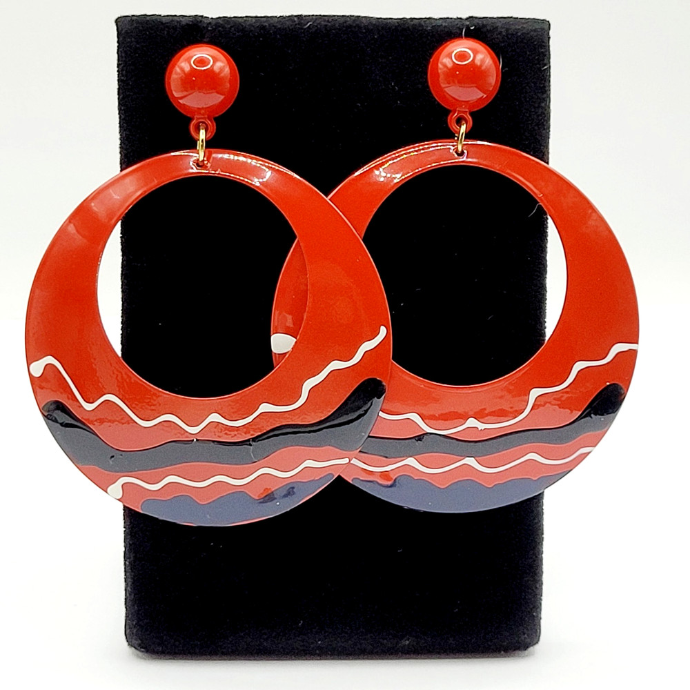 Large Metal Hoop Red Black White Enamel Hand Painted Pierced Vintage Earrings