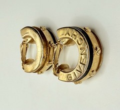 Givenchy Vintage Clip On Earrings Logo Black Enamel Hoops Gold Signed 80s 1 in