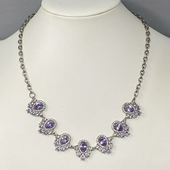Purple Glass Rhinestone Necklace Silver Tone Links Teardrops Party Glam 20″