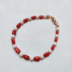 Natural Red White Coral Gemstone Bracelet Coral Beaded Handmade Brass Bracelet