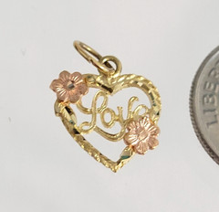Vtg OR signed 14K Yellow Gold HEART Love Pink Flowers Charm / pendant Estate