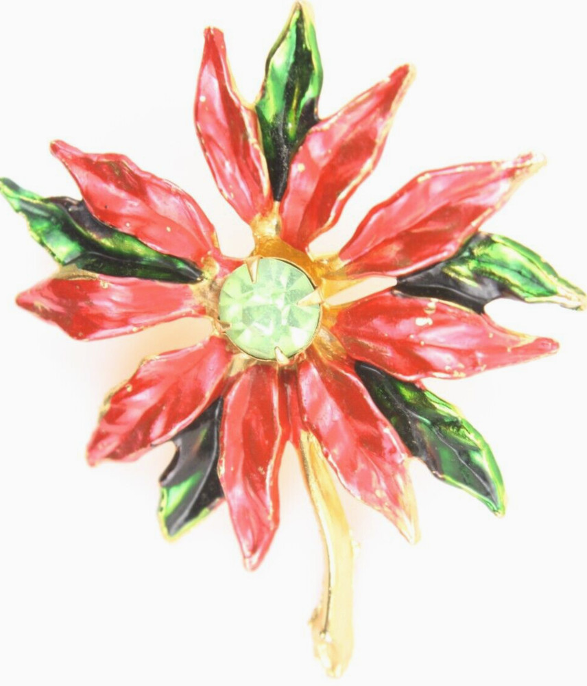 Vintage Large Gold Tone Red Green Christmas Brooch Poinsettia Flower Painted Pin
