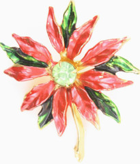 Vintage Large Gold Tone Red Green Christmas Brooch Poinsettia Flower Painted Pin