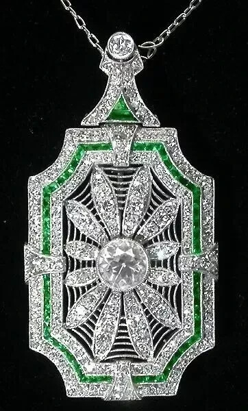 Art Deco Style Lab Created Diamond Emerald Woman’s Pendant 14K White Gold FN