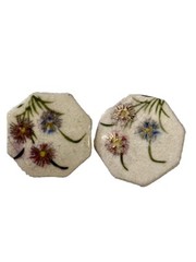 Clip On Earrings Porcelain Floral Painted Flowers Octagon Vintage Retro Large
