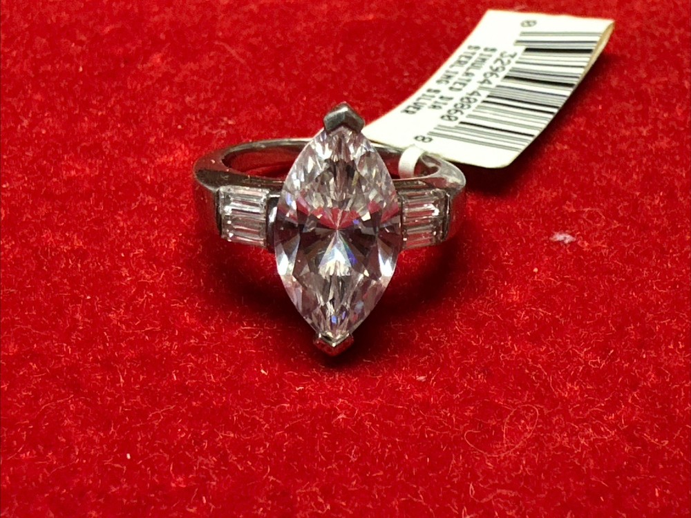 Vintage Sterling Silver Large CZ Marquise & Baguette Ladies Engagement Ring sz8