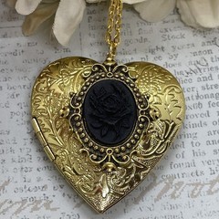 Gold Heart Locket GothIc Anniversary Wedding Witch Black Rose Cameo Necklace