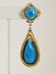 Vintage Artisan Gold Plated with Blue Ceramic Pottery Teardrop Clip On Earrings