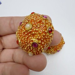 Vintage Sea Urchin Beachy Enamel Rhinestone Faux Pearl Round Clip On Earrings