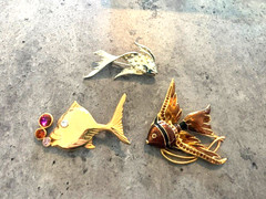 Vintage 3 Fish Brooch Lot – Gold Tone with colorful rhinestones on 2 brooches