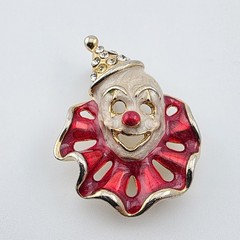 Red White Enamel Goldtone Clown Pin Rhinestones 2″
