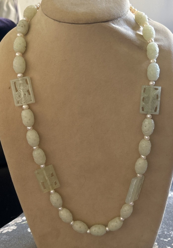JTV Vintage carved Celadon Jade White Pearl Accents 28 inch beaded necklace