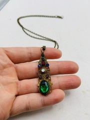 Vintage Gothic Green Colorful Rhinestone Filigree Cutout Bronze Tone Necklace