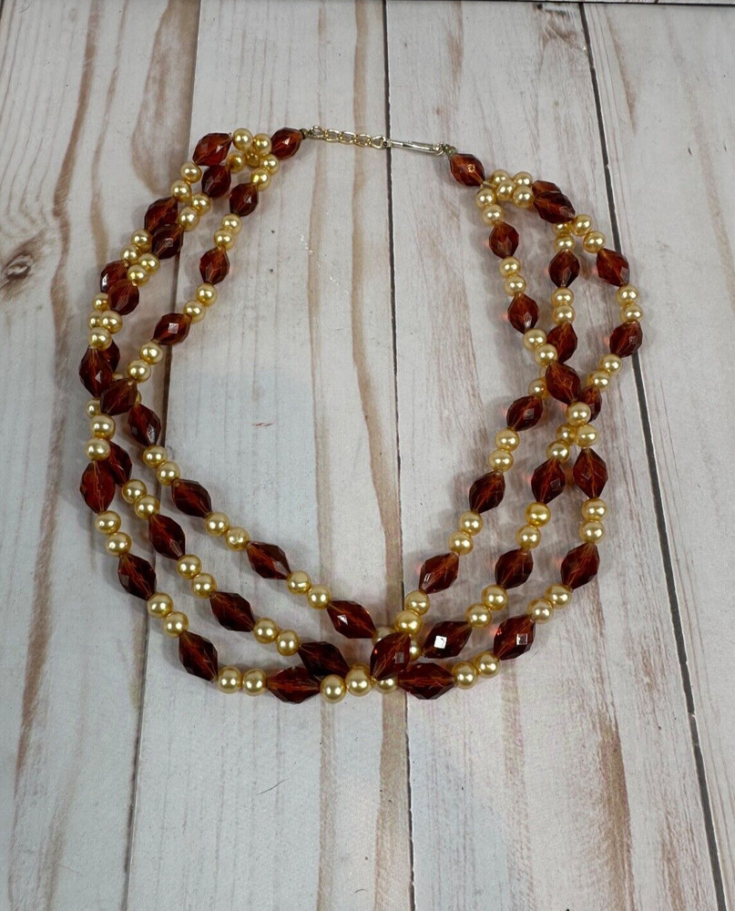 Vintage Cream Color Pearl and Acrylic Amber 3 Strand Chocker Necklace