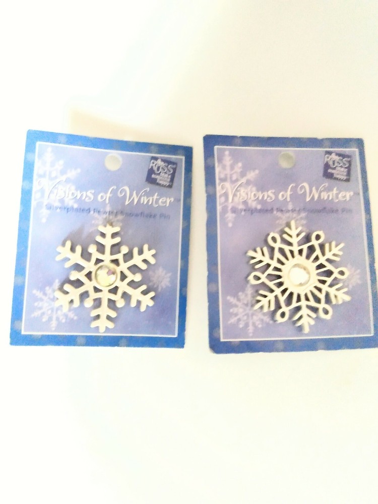 Vtg Lot of 2, Russ – Visions of Winter, Snowflake Pins, Silver Plated Pewter 
