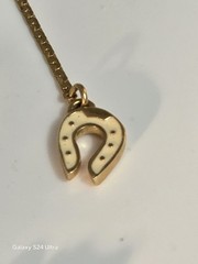 Vintage Monet Lariat Necklace Gold Tone Cream Enamel Good Luck Charms Heart