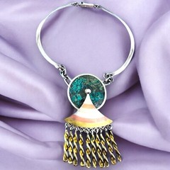 Kinetic Mexican Mid-Century Modernist Necklace Mixed Metals w/ Stone Inlay