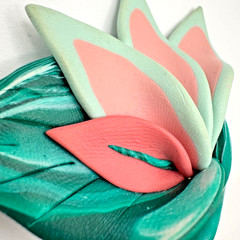 Polymer Clay Flower Brooch Pink Green Handcrafted Tropical Pin Signed 3.5″