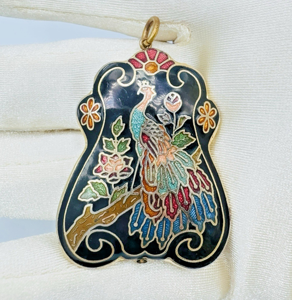VTG Chinese Cloisonne Enamel Peacock Double Sided Pendant Black Floral
