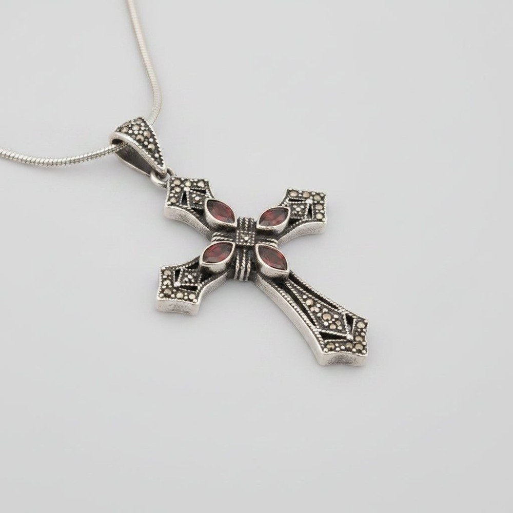 Vintage 925 Silver, Marcasite and Garnet Cross Pendant Necklace