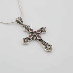 Vintage 925 Silver, Marcasite and Garnet Cross Pendant Necklace