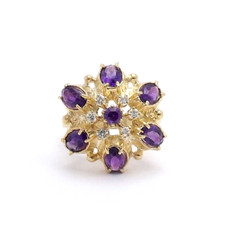 Solid Gold Natural Amethyst Diamond Halo Open Filigree Ring Retro Deco 13 to 14k