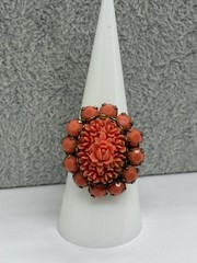 Vintage Orange Carved Resin Flower Ring Size 8 With Surrounding Stones