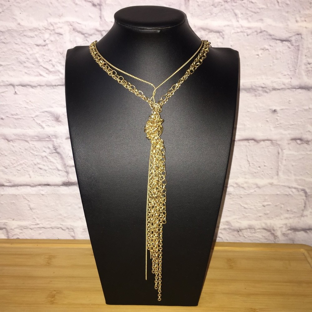 Vintage Gold Tone Lariat Y Necklace Long Chain Tassel Knot Pendant Art Deco