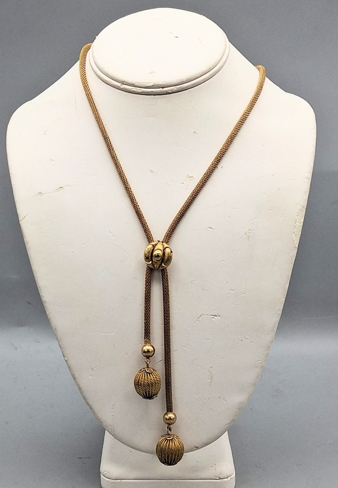 Vintage Coro Craft Gold Tone Mesh Chain Ribed Bead Lariat Style Necklace MCM EUC